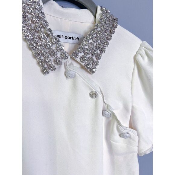 Self-Portrait Diamante Collar Mini Dress White‎ Heavy Double Crepe Size 0 Bridal - Picture 5 of 16